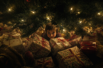 A child excitedly peeks through a pile of colorful, festively wrapped presents under a glowing Christmas tree, embodying the joy and magic of the holiday season.