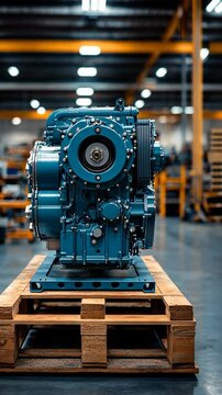 High-Performance Industrial Engine Displayed on a Wooden Pallet in a Modern Warehouse Environment