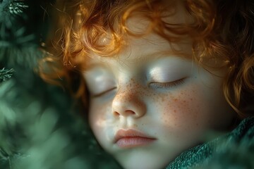 Child resting peacefully inside a gentle green cabbage in a dreamlike setting