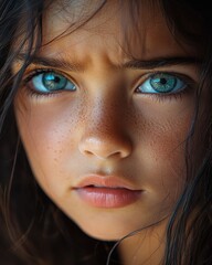 Fototapeta premium Sad olive-skinned girl with blue eyes crying in extreme close-up portrait during sunset