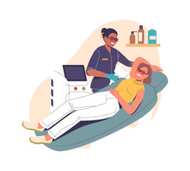 Woman at beautician salon getting laser epilation cosmetic hair removal procedure cartoon scene