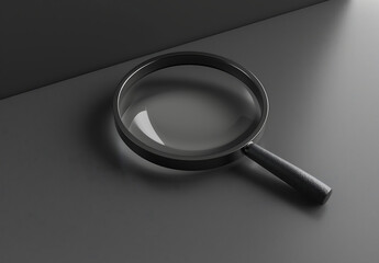 Close-up of a black magnifying glass on a gray surface, symbolizing research, analysis, and investigation in a minimalist composition