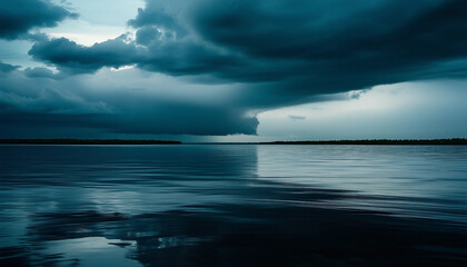 Obraz premium A dramatic cloudy sky over a body of water, with storm clouds forming in the distance. The water ref