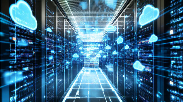 Futuristic data center with digital cloud icons and glowing connections.