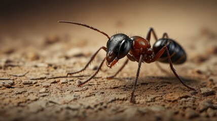 Fototapeta premium Close-up of a black carpenter ant on dirt.