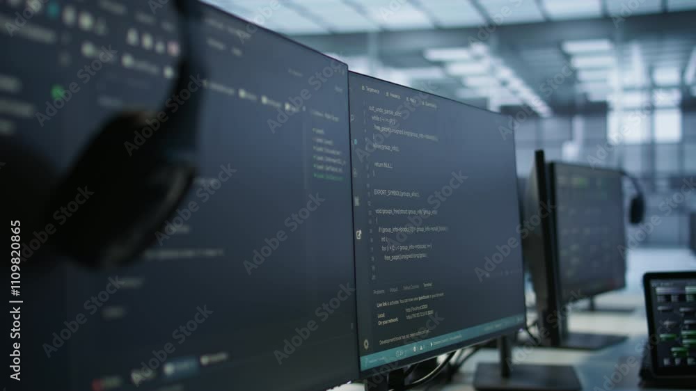 Poster computers and tablet in server room used for developing disaster recovery plans ensuring minimal dow