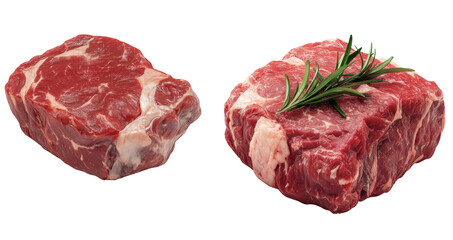 Fototapeta premium Fresh cuts of beef showcasing marbling, texture, and garnished with rosemary for a flavorful presentation.