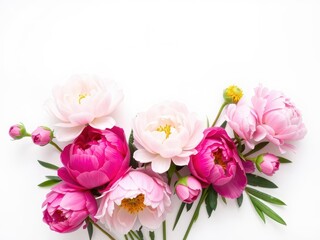 A fresh arrangement of pink peonies and roses on a white background with room for text, bouquet, peonies
