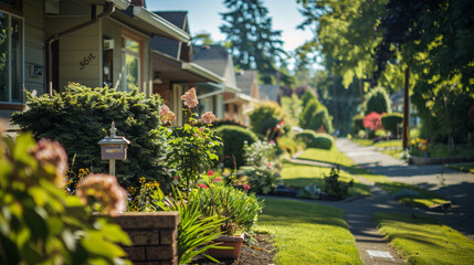 Obraz premium A quaint row of houses with well-kept gardens in a suburban neighborhood. stock image, hd quality, 