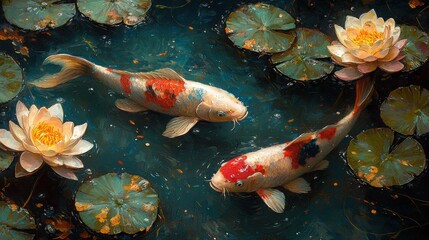 A serene pond scene featuring colorful koi fish swimming among beautiful water lilies, showcasing nature's harmony and tranquility.