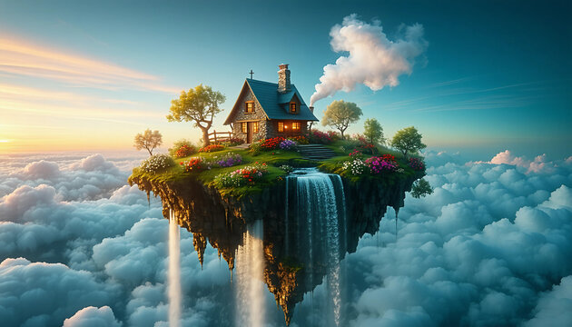 A floating island in the sky with a waterfall that cascades into the clouds, lush greenery, vibrant