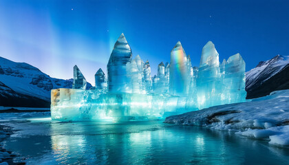 A frozen glacier valley with giant translucent crystal spires emerging from the ice, glowing faintly