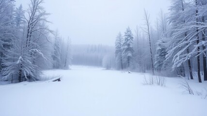 Fototapeta premium A serene winter forest covered in a blanket of fresh snow, with snow-laden branches and a peaceful atmosphere, frozen, tranquil, cold