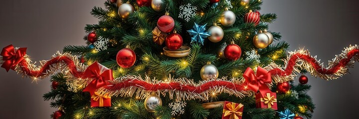 Beautifully decorated Christmas tree with colorful ornaments, twinkling lights, and a shiny star topper, tree, December, garland