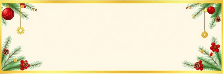 Obraz premium Christmas border with lush green fir branches, adorned with shiny pine cones and golden accents, gold, background, holiday