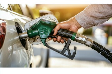 Person refueling a car with a green gas pump, representing the transportation and fuel industry. Sunlight enhances the scene, highlighting the action of filling up.