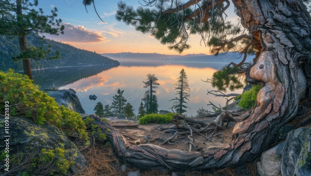Poster a large tree trunk frames a view of a lake and mountains in the distance. ai.