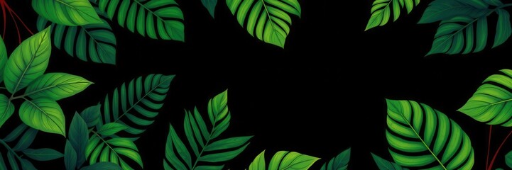 Fototapeta premium Dark pattern featuring vibrant exotic leaves on a black background, lush, foliage