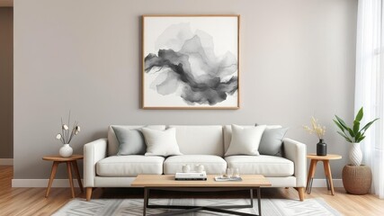 Elegant grey living room with brown corner sofa and gallery of trendy posters, decorations, furniture