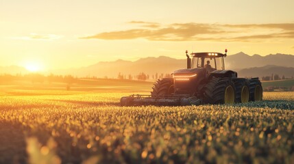 Naklejka premium Autonomous tractor working on a remote farm field, futuristic farming scene, 