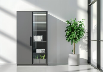 Modern office corner with a glass cabinet, green plant, and natural light, offering a clean and professional workspace interior design