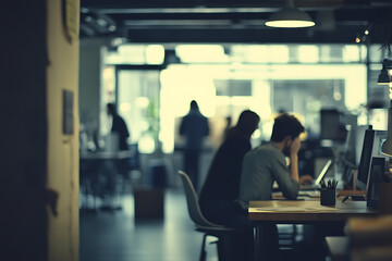 Casual business office environment with blurred people and a soft bokeh background, evoking a relaxed and professional workspace