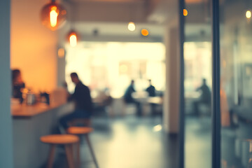 Casual business office environment with blurred people and a soft bokeh background, evoking a relaxed and professional workspace