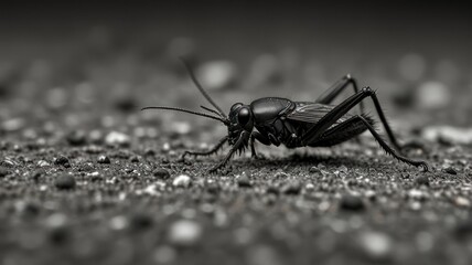 Close-up of a black cricket on dark ground.