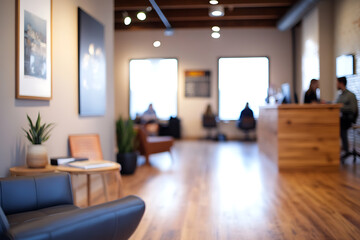 Casual business office environment with blurred people and a soft bokeh background, evoking a relaxed and professional workspace