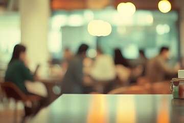 Casual business office environment with blurred people and a soft bokeh background, evoking a relaxed and professional workspace