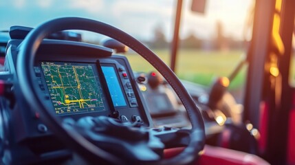 Close-up of modern GPS-equipped tractor control panel, advanced farming technology,