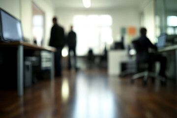 Casual business office environment with blurred people and a soft bokeh background, evoking a relaxed and professional workspace