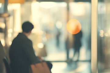 Casual business office environment with blurred people and a soft bokeh background, evoking a relaxed and professional workspace