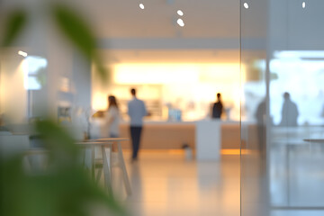 Casual business office environment with blurred people and a soft bokeh background, evoking a relaxed and professional workspace