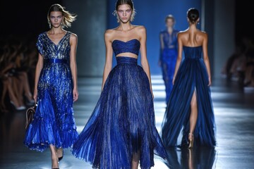 Fashion models walking on runway during fashion show presenting blue evening dresses