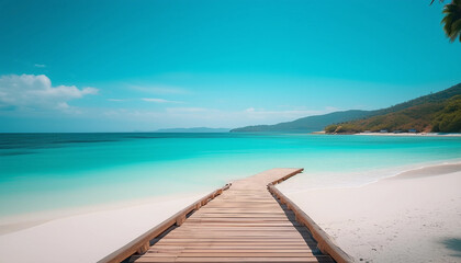 Naklejka premium A calm beach scene with a wooden walkway leading to a pristine, white sandy beach. The ocean is a ca