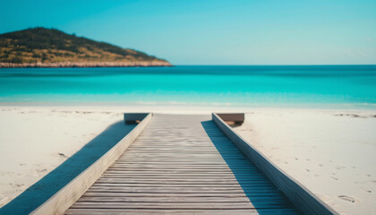 Naklejka premium A calm beach scene with a wooden walkway leading to a pristine, white sandy beach. The ocean is a ca