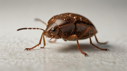 Close-up of a small brown beetle on a white background.