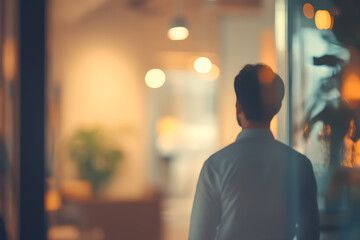 Casual business office environment with blurred people and a soft bokeh background, evoking a relaxed and professional workspace
