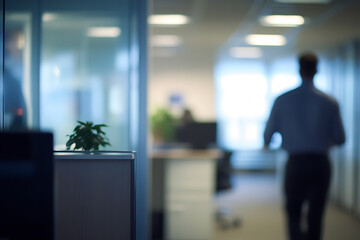 Casual business office environment with blurred people and a soft bokeh background, evoking a relaxed and professional workspace