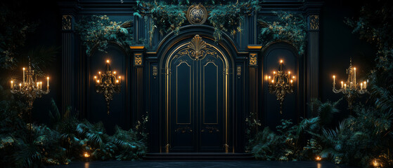 Obraz premium Elegant dark door with ornate gold details and chandeliers.