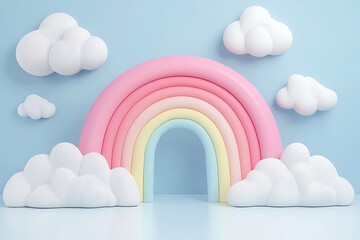 A colorful, playful 3D rainbow with fluffy clouds against a blue background.