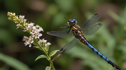 Blue-tailed dragonfly in flight near white flowers.