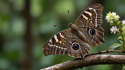 Fototapeta premium Close-up of a brown butterfly with blue eyespots perched on a branch.