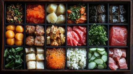 A beautifully arranged sushi platter featuring an assortment of sushi, sashimi, and garnishes, showcasing traditional Japanese cuisine.