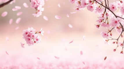 Naklejka premium Soft pink sakura petals gently falling against a blurred background creating a dreamy and romantic atmosphere, dreamy, romantic