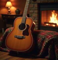 Fototapeta premium Acoustic guitar in cozy room with fireplace