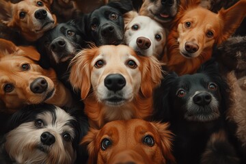 Many dogs looking upwards, creating a canine crowd