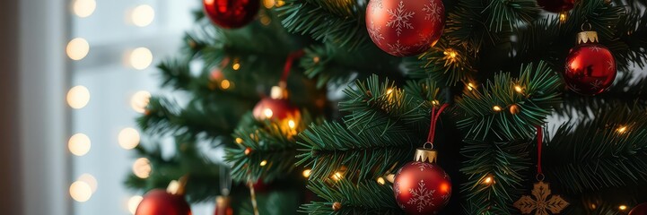 Fototapeta premium Vibrant green Christmas tree adorned with colorful ornaments and twinkling lights, shiny, bright, festive