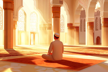 A serene scene of a person meditating in a sunlit mosque interior.
